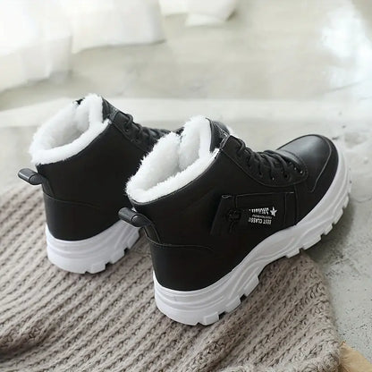 [Warm Fleece-Lined Winter Boots] Warm Fleece-Lined Women's Winter High-Top Boots - Thick Rubber Sole, Lace-Up Casual Style, White & Beige, Perfect for Cold Weather Comfort Chic Le'Meek