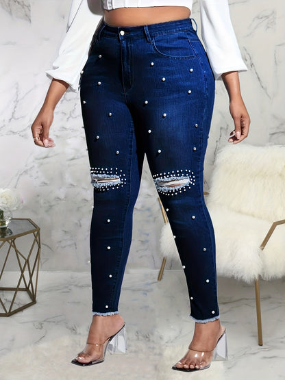 Plus Size Casual Jeans, Women's Plus Faux Pearl Decor Washed Ripped Button Fly Fringe Trim High Rise High Stretch Skinny Jeans For Fall