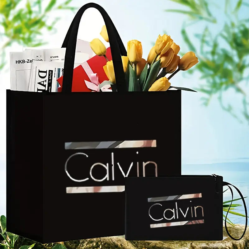 [Chic Calvin Print Set] Durable Two-Piece Canvas Tote & Cosmetic Bag Set Temu