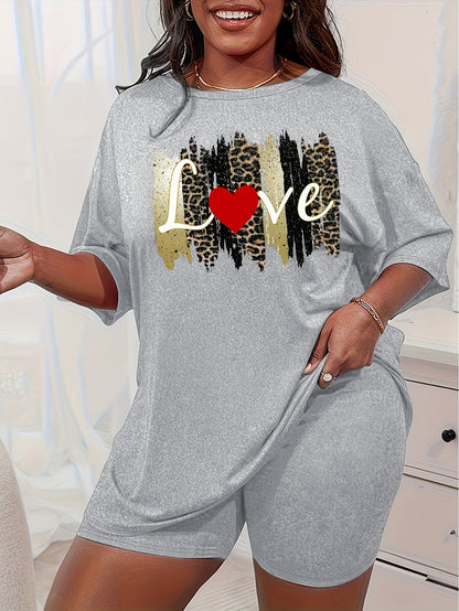 Plus Size Womens Comfort Lounge Set - Bold Eye & Slogan Print Tee with Shorts, Round Neck, Short Sleeve, Drop Shoulder - 2 Piece Casual Home Wear Set for a Stylish Relaxation