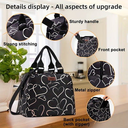 Insulated Lunch Bag for Women with Adjustable Shoulder Belt, Cute Heart Portable Lunch Box Cooler Bag, Perfect for Adult Girls Travel Picnic