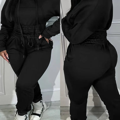 [Plus Size Elasticated Tunic Jogging] Plus Size Solid Elasticated Tunic Hooded Jogging Set Temu
