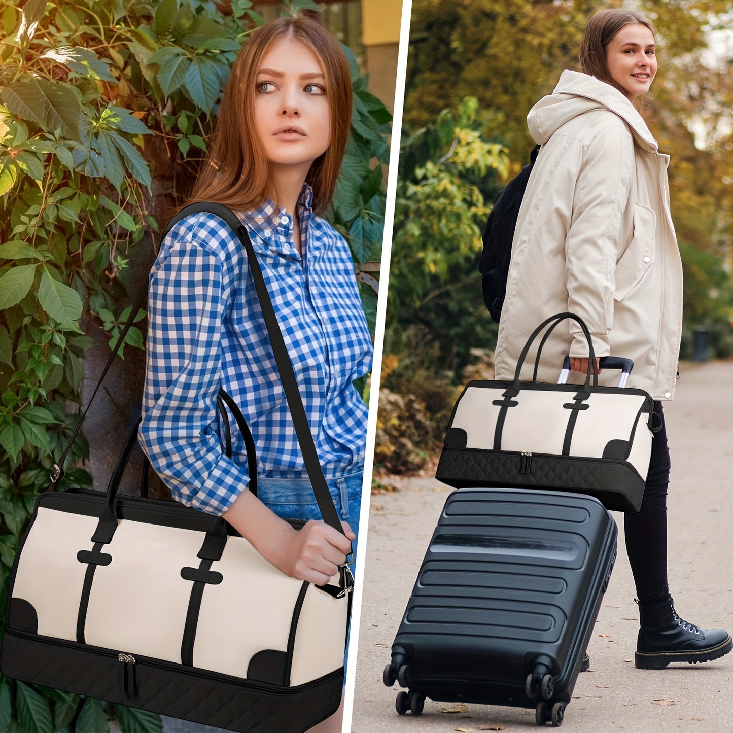 Fashionable Checkered Travel Pro Duffel Bag Set - 4-in-1 with Embroidered Nylon, USB Charging, & Separate Shoe Compartment