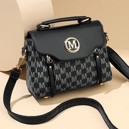 Vintage Geometric Women's Handbag - Large Capacity PU Shoulder Bag with Golden-Tone Hardware, Herringbone Pattern & Letter "M" Design, Detachable Strap, Perfect for Everyday Use (Light Brown/White/Black) Chic Le'Meek