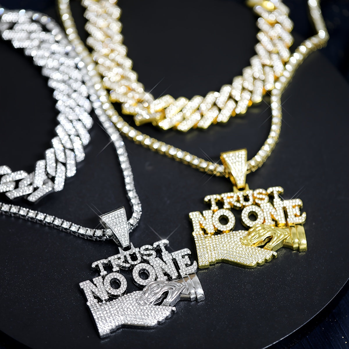 3pcs/set Unisex Shiny Stacking Letter TRUST NO ONE Pandent Big Heavy Necklace, Punk Hip Hop Street Style Necklace Set Iced Out Cuban Chain Bling Rhinestone Jewelry