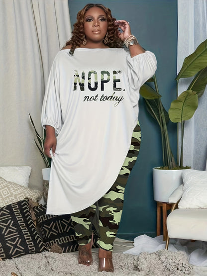 Plus Size Casual Outfits Two Piece Set, Women's Plus Slogan Print Bubble Sleeve Off Shoulder Asymmetrical Hem Top & Camo Print Leggings Outfits 2 Piece Set