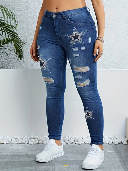 Plus Size Casual Jeans, Women's Plus Star Print Ripped Button Fly High Rise High Stretch Skinny Jeans