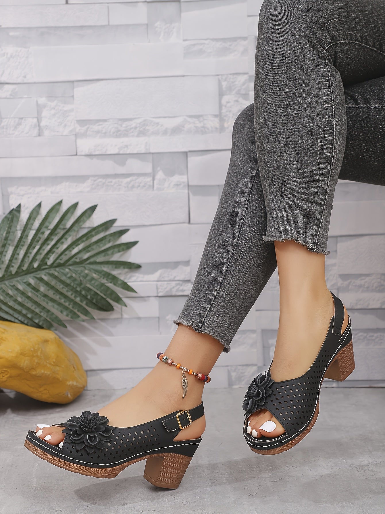 [French Style High Heel Sandals] French Style High Heel Sandals - Open Toe, Flower Cut-Out, Hand-Stitched Detail, Block Heel Buckle Closure - Solid Color PU Sole, Man-Made Materials