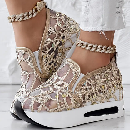 Abstract Print Side Lace-up Casual Wedge Sneakers - Without Anklet Chic Le'Meek