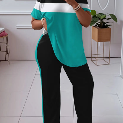 Women'S Plus Size Casual Color Block 2pcs Set - Elegant Crew Neck Short Sleeve Top & Straight Leg Pants, 95% Polyester 5% Elastane, Medium Stretch Knit Fabric, Machine Washable Chic Le'Meek