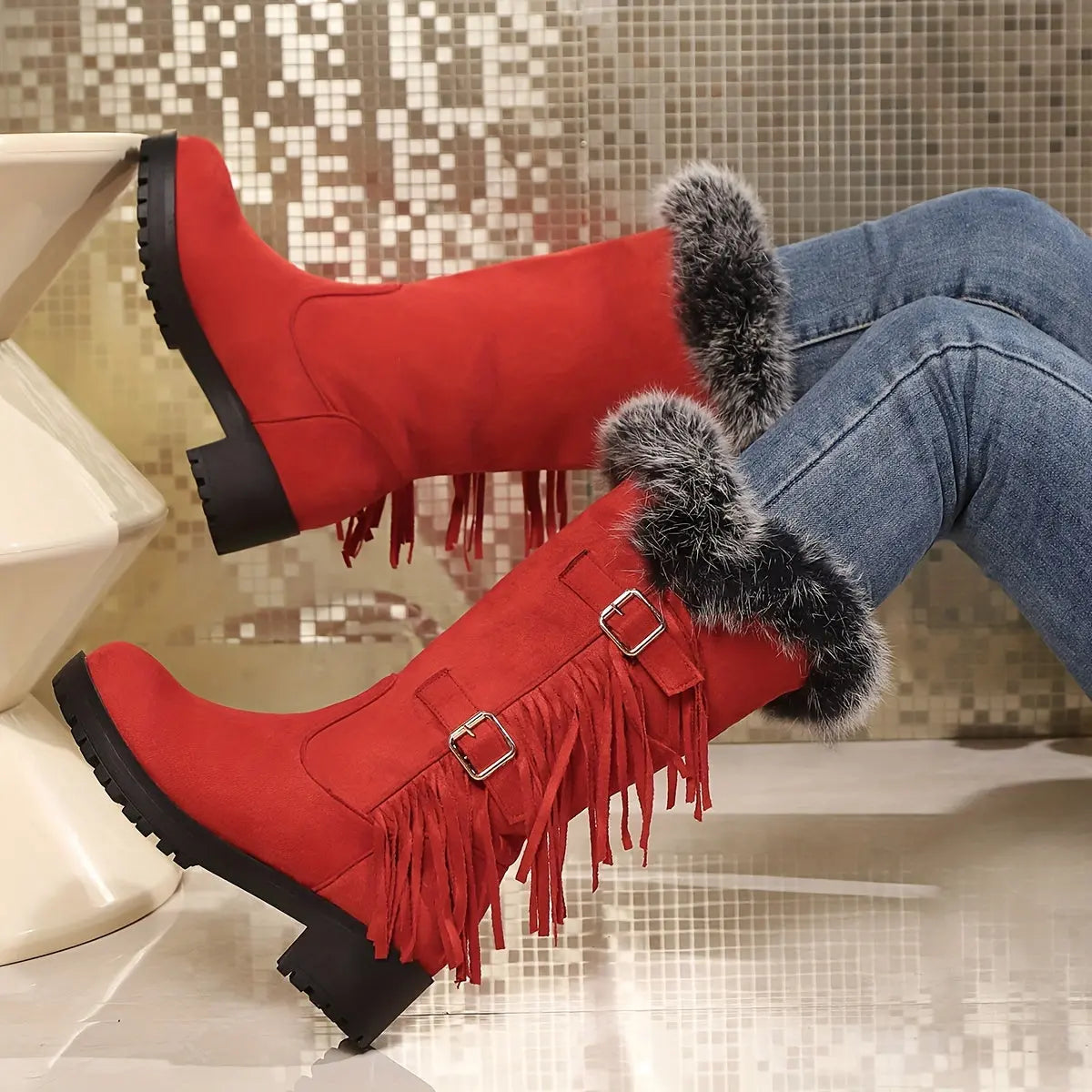 Women's Fluffy Pull On Boots, Platform Soft Sole Thermal Lining Winter Boots, Chunky Heel Tassel & Buckle Snow Boots for halloween Chic Le'Meek