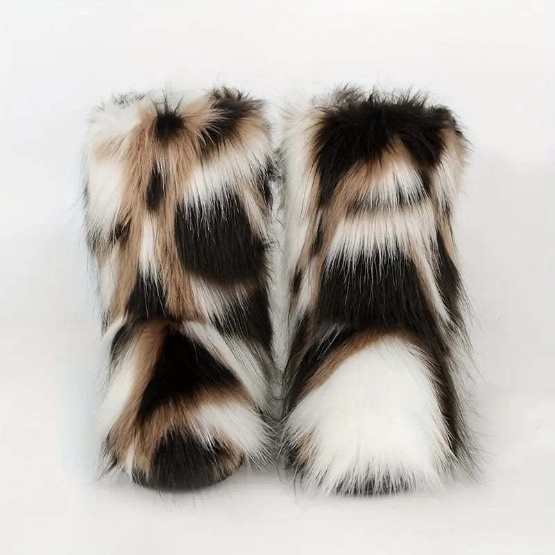 Women's Faux Fur Snow Boots, Trendy Slip On Mid Calf Boots, Women's Comfortable Winter Boots Chic Le'Meek