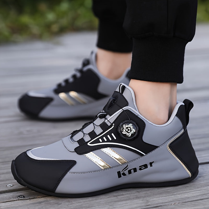 Men's Low-Top PU Sneakers with Rotating Buckle - Breathable Fabric Insole, Elastic Band Closure, and Durable PVC Sole for All-Season Outdoor Activities