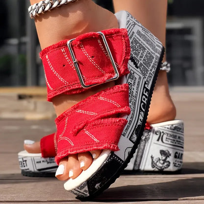 Newspaper Buckle Denim Wedge Slippers - Without Anklet Chic Le'Meek