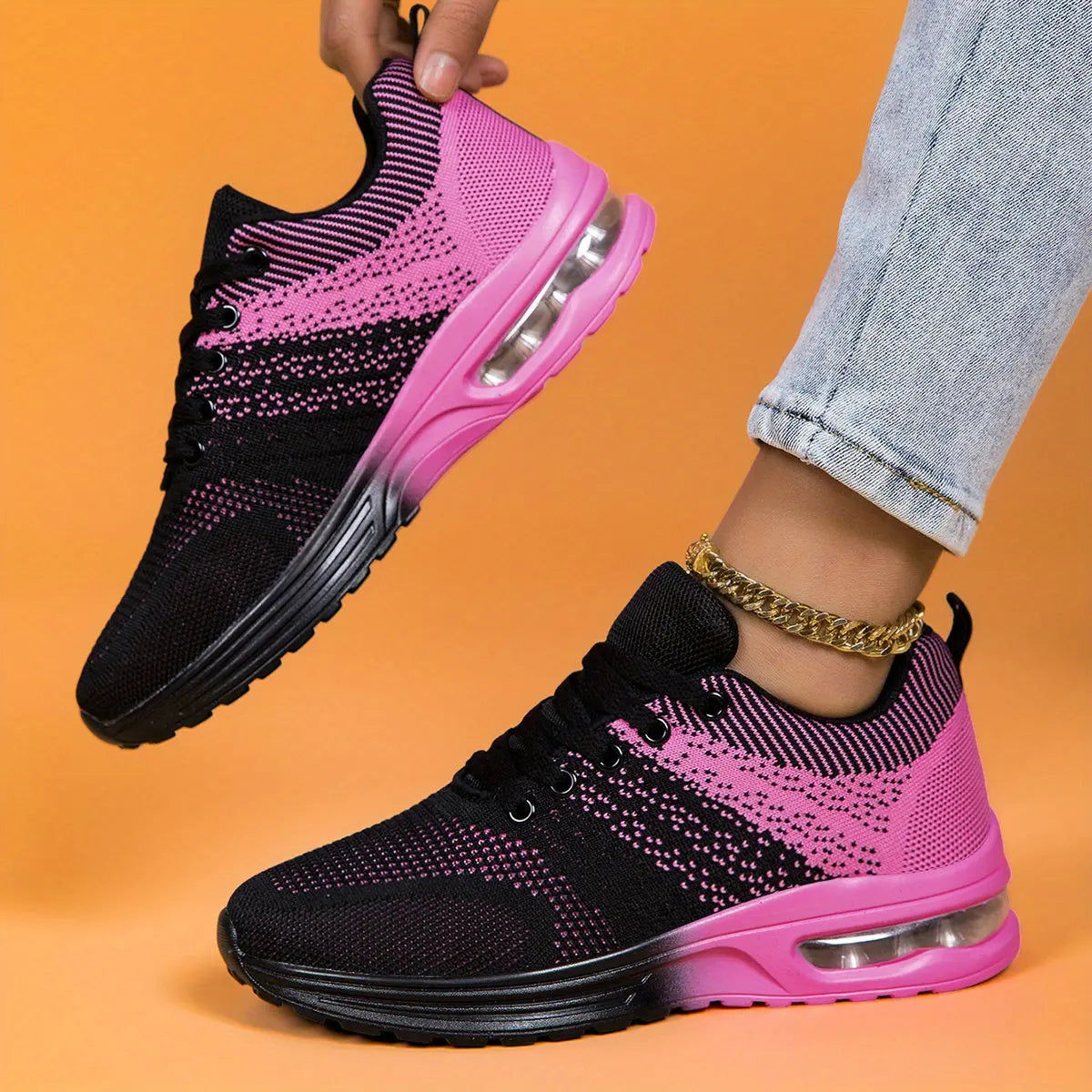 Women's Plus Size Air Cushion Sneakers - Breathable Mesh & Stabilizing Support, All-Season Comfort Casual Running & Fitness Shoes, Stylish Red Sneakers with PU Sole & Fabric Lining, Ladies Sneakers, Vibrant Gradient Design, F Chic Le'Meek