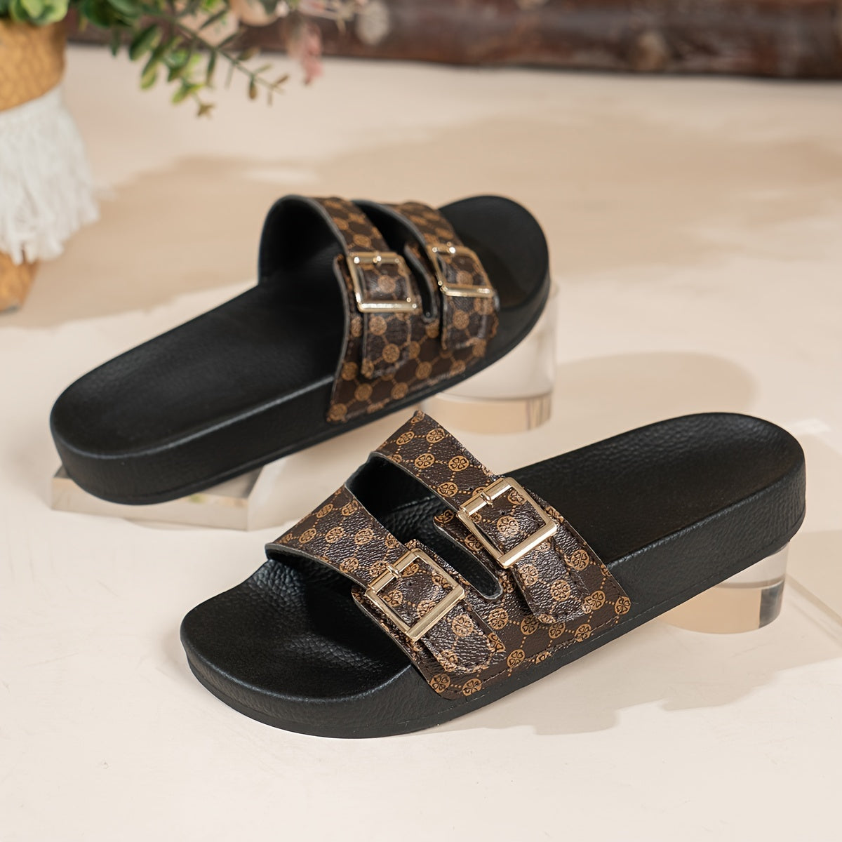 Flat Heel Womens Floral Pattern Slide Sandals - Comfortable Summer Beach Slides with Adjustable Buckle, Soft Fabric Insole, and Durable PVC Sole - Perfect for Walking and Outdoor Activities