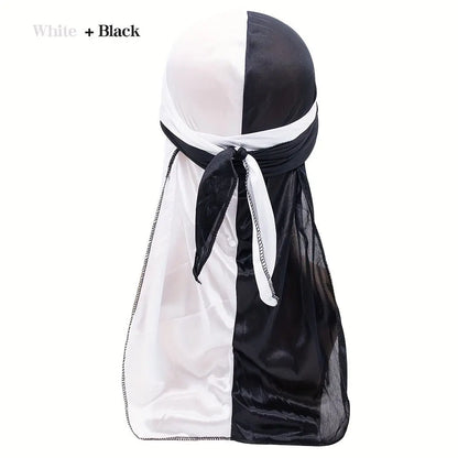 Silky Durag - Assorted Colors Satin Pirate Cap with Long Tail, Wide Straps, Elastic Breathable Head Wrap Chic Le'Meek