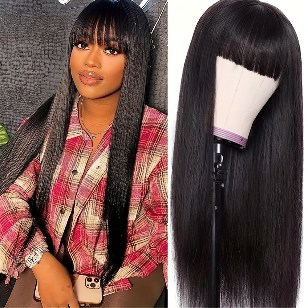 Straight Human Hair Wigs With Bangs Brazilian Virgin None Lace Front Wigs Glueless Machine Made For Women Wigs 150% Density Natural Color