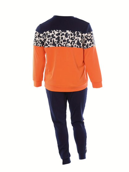 Plus Size Two-Piece Outfit - Vibrant Contrast Color Print Design, Classic Crew Neck, Cozy Long Sleeve Sweatshirt and Matching Pants