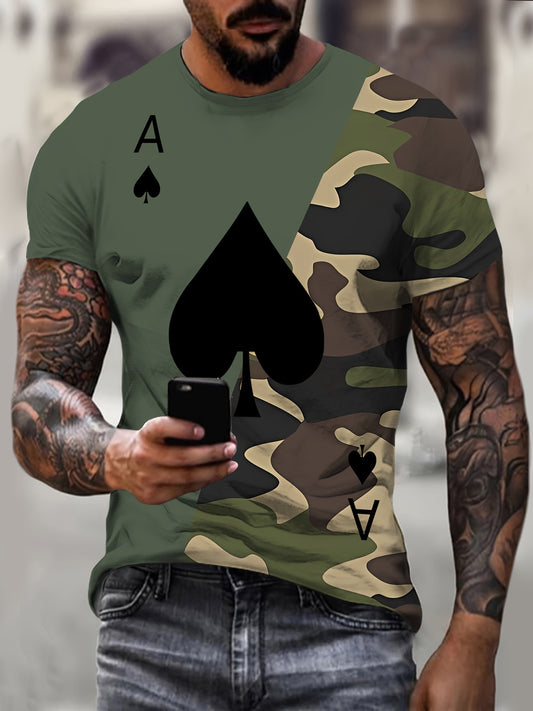 Fashion-Forward Camouflage T-Shirt with Spade Pattern - Mens Short Sleeve Crew Neck - Vivid Digital Print Color Block Design - Perfect for Summer Outdoor Style