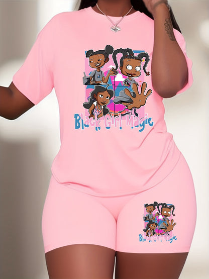 Women's Plus Size Sport 2-Piece Set "Black Girl Magic" Printed White T-Shirt And Blue Shorts, Casual Summer Outfit For Women, Inspirational Graphic Tee With Matching Shorts