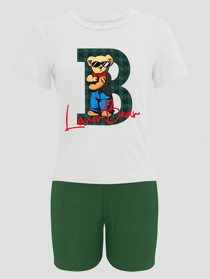 2pcs/set Of Casual Bear Letter Printed Short-sleeve T-shirts And Shorts Chic Le'Meek