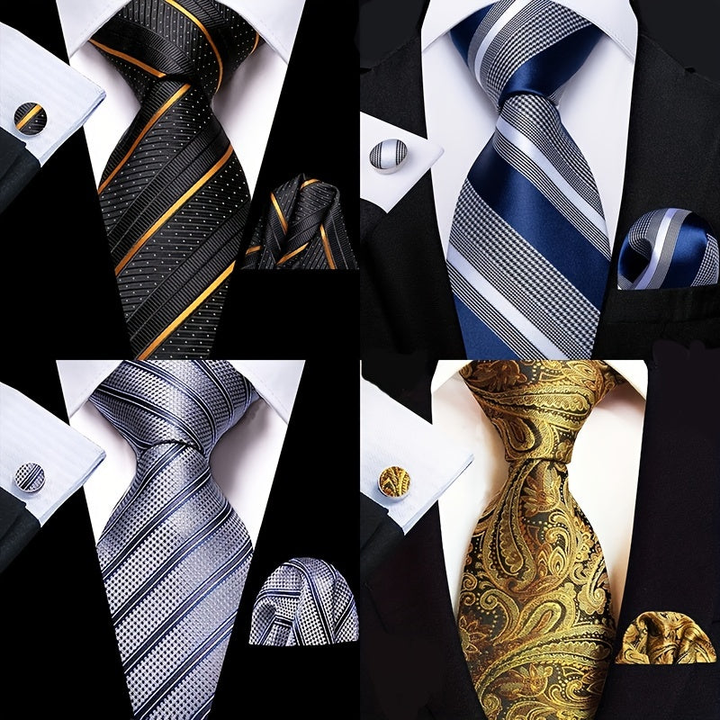 Sophisticated Men's Woven Striped Tie, Cufflink & Handkerchief Set - Perfect for Business, Parties & Gifting