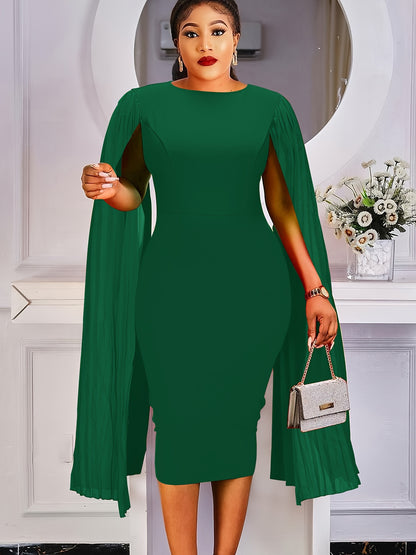 Plus Size Elegant Cape Sleeve Crew Neck Dress - Soft Medium Stretch Polyester Fabric, All-Season Wear - Simple yet Chic Solid Color Knit Fabric Dress for Women