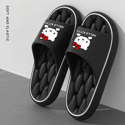 Sanrio Hello Kitty Kawaii Cartoon Slides - Unisex Breathable Soft Sole EVA Slippers, Comfortable Non-Slip Casual Shoes for Indoor & Outdoor Use, Black & Cream Design with Red Bows, Cute Slippers Chic Le'Meek