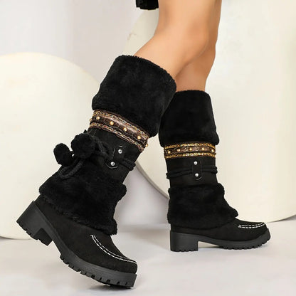 Cozy Winter Women's Snow Boots With Pom-Pom & Bowknot - Mid-Calf, Chunky Heel, Warm Fleece Lining, Non-Slip Rubber Sole For Outdoor Activities Chic Le'Meek