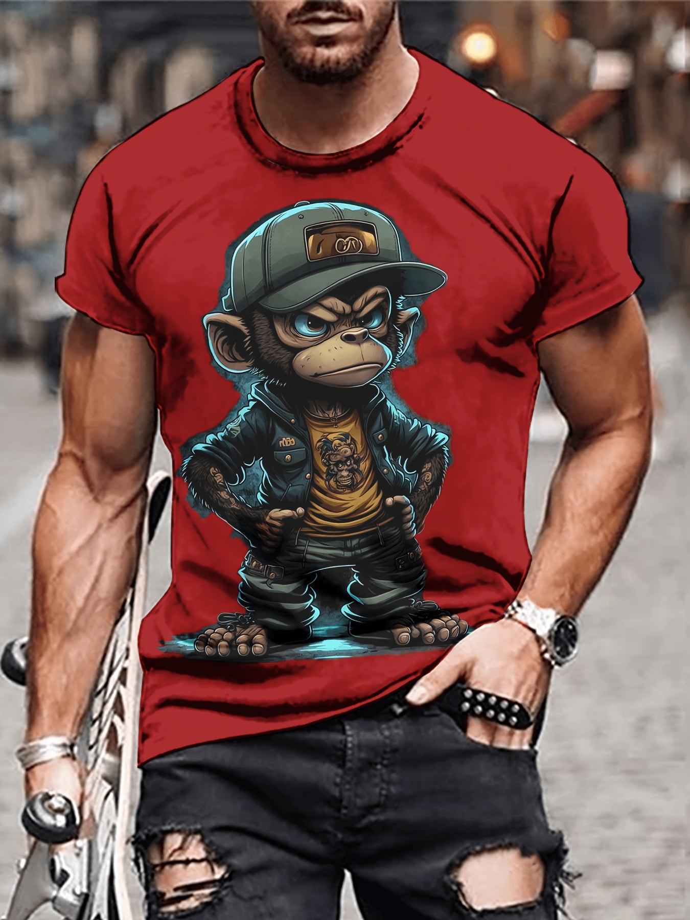 Mens Vibrant Monkey Print Crew Neck T-Shirt - Soft Slight Stretch Polyester Fabric, Regular Fit, Short Sleeve, Machine Washable - Perfect for Outdoor Casual Wear in Spring and Fall