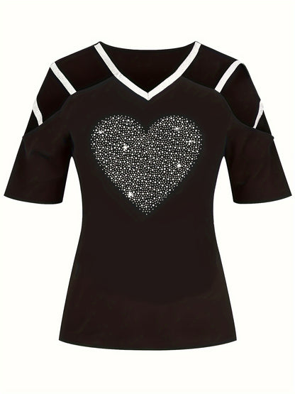 Plus Size Heart Rhinestone V Neck T-Shirt - Casual Cold Shoulder Tee with Medium Stretch Knit Fabric, Flared Hem, and Short Sleeves - Perfect for All Seasons