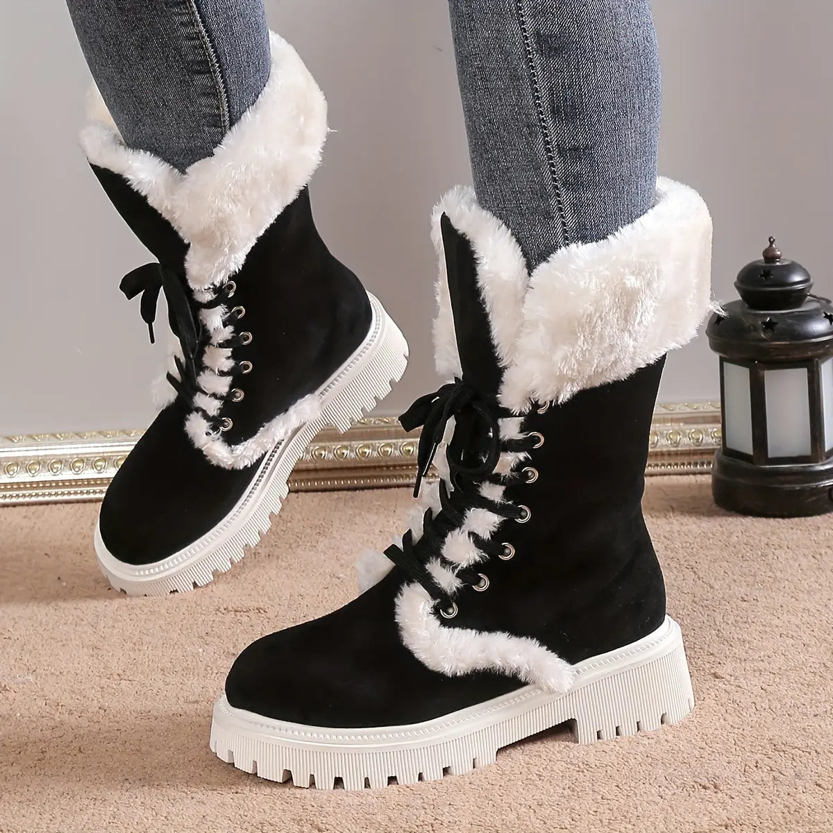Women's Fashion Casual Lace-Up Mid-Calf Boots with Plush Lining, Round Toe Chunky Low Heel - Velvet Upper, Fabric Lining, TPR Sole Chic Le'Meek