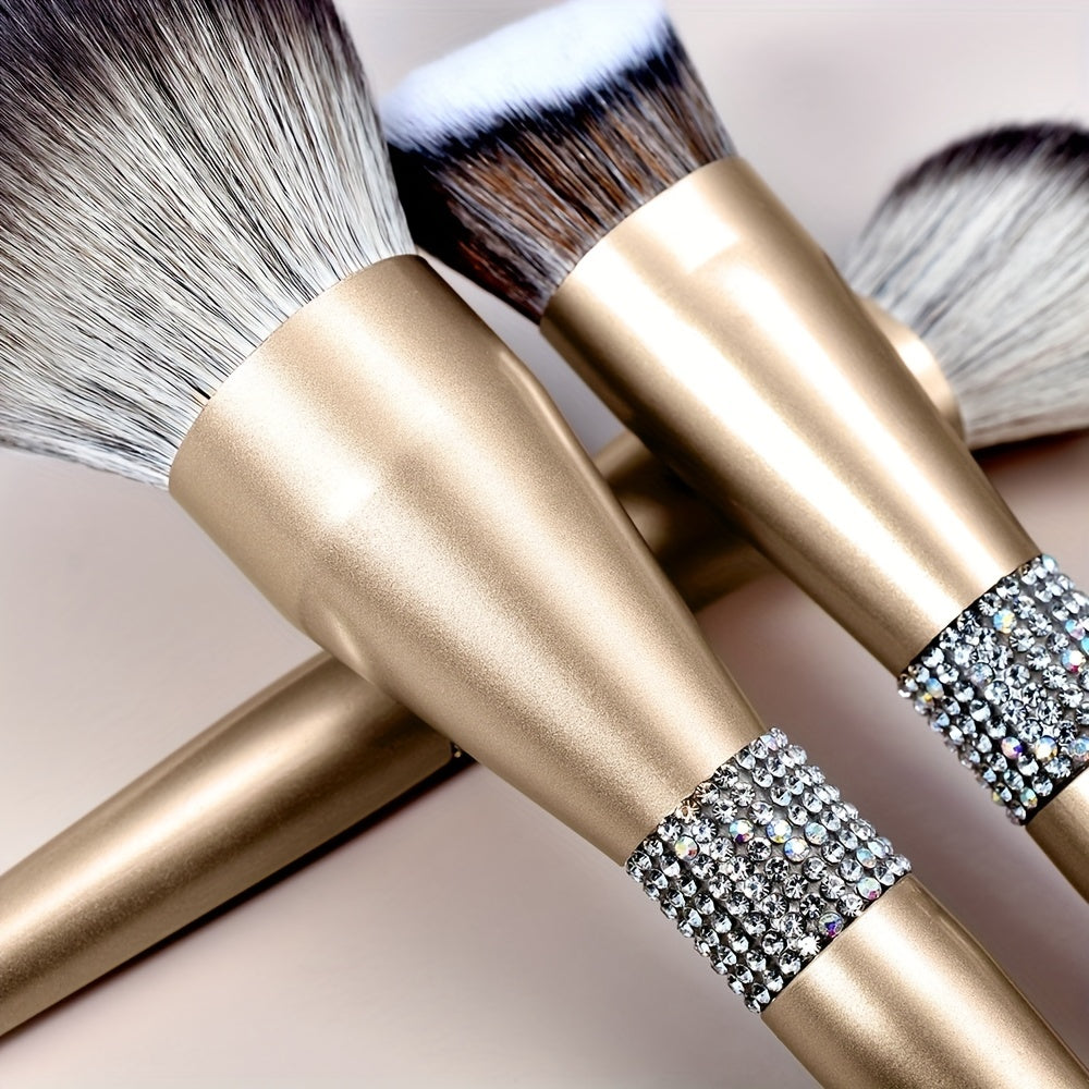 12-Piece Luxurious Crystal Makeup Brush Set - Soft, Cruelty-Free Bristles, Champagne Golden Handle, Portable Case - Ideal for Powder, Blush, Foundation, Eyeshadow, Highlighter, Concealer, and Makeup Artists of All Levels