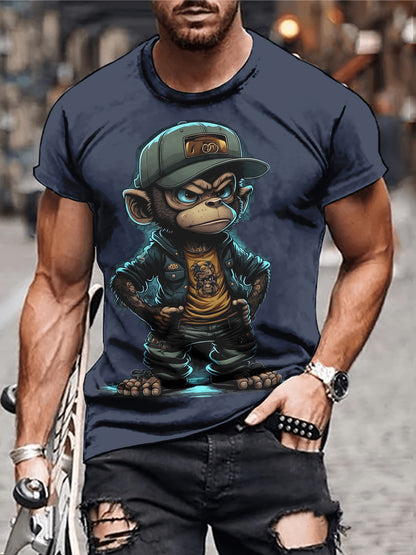 Mens Vibrant Monkey Print Crew Neck T-Shirt - Soft Slight Stretch Polyester Fabric, Regular Fit, Short Sleeve, Machine Washable - Perfect for Outdoor Casual Wear in Spring and Fall