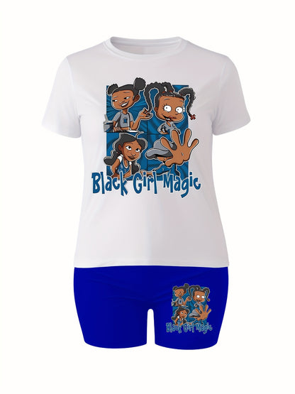 Women's Plus Size Sport 2-Piece Set "Black Girl Magic" Printed White T-Shirt And Blue Shorts, Casual Summer Outfit For Women, Inspirational Graphic Tee With Matching Shorts