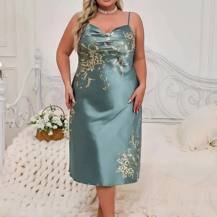 Plus Size Women's Black & Golden Floral Print Spaghetti Strap Nightgown Temu