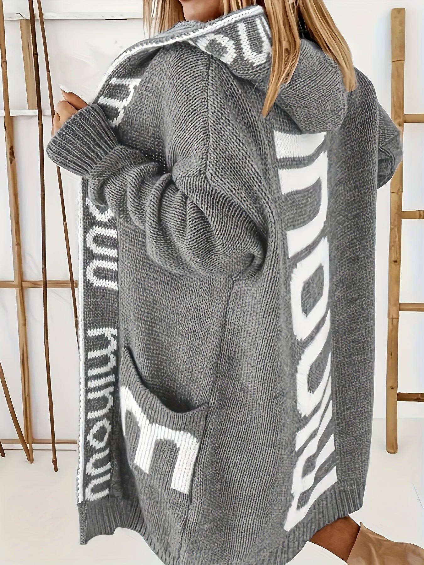 Chic Plus Size Open Front Hooded Cardigan - Long Sleeve & Letter Print, Cozy with Pockets, Ideal for Casual Outings