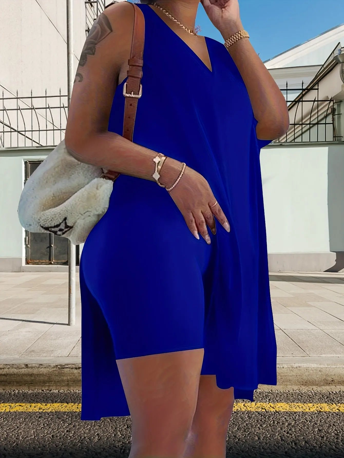 Two-piece Set Of Super Large Size Casual Clothes With Medium Elasticity, Women'S Super Large Size Medium Elasticity V Neck Split Hem Slightly Elastic Vest And Shorts Two-piece Set Chic Le'Meek