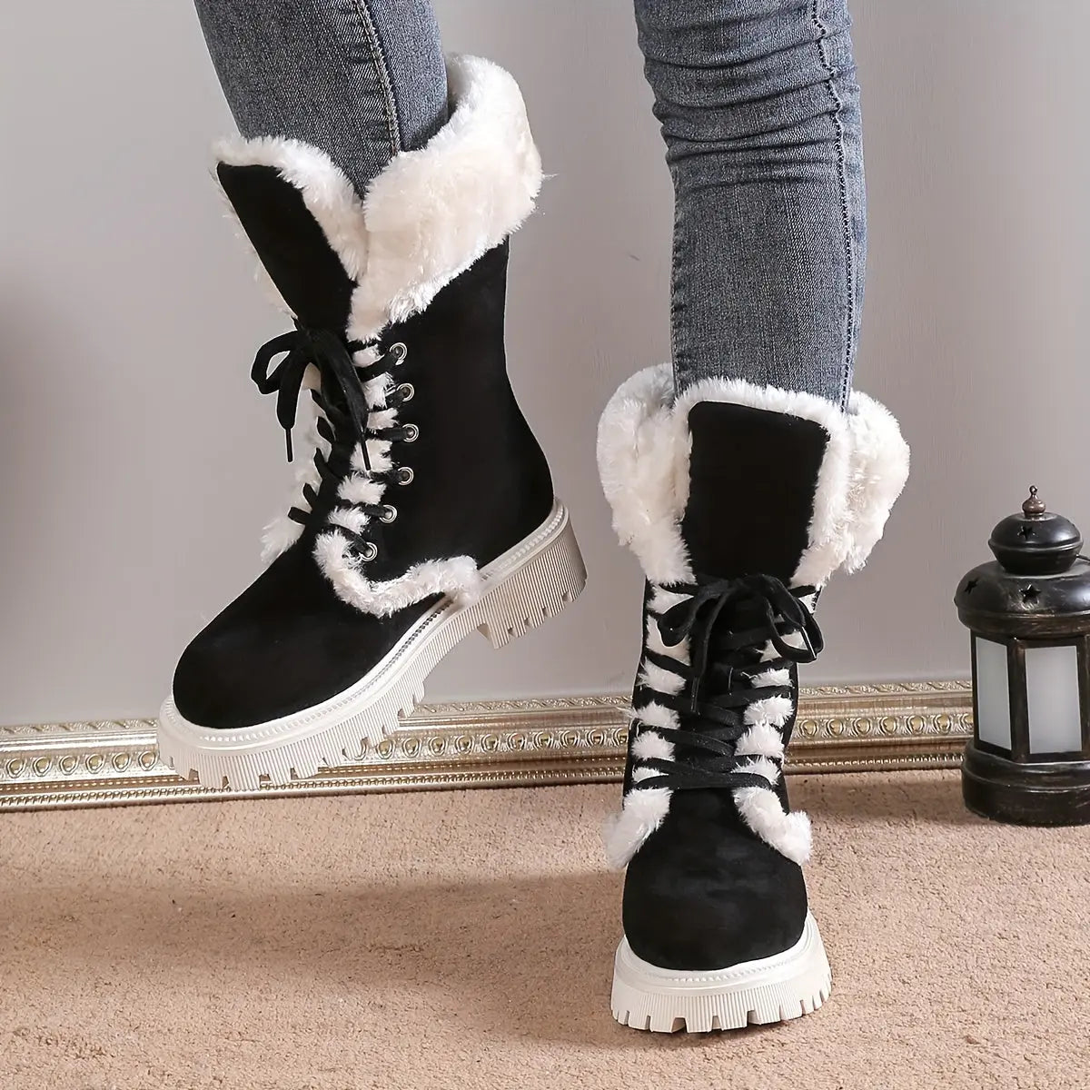 Women's Fashion Casual Lace-Up Mid-Calf Boots with Plush Lining, Round Toe Chunky Low Heel - Velvet Upper, Fabric Lining, TPR Sole Chic Le'Meek