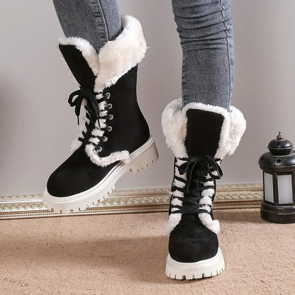Women's Fashion Casual Lace-Up Mid-Calf Boots with Plush Lining, Round Toe Chunky Low Heel - Velvet Upper, Fabric Lining, TPR Sole Chic Le'Meek