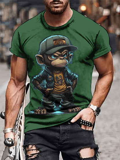 Mens Vibrant Monkey Print Crew Neck T-Shirt - Soft Slight Stretch Polyester Fabric, Regular Fit, Short Sleeve, Machine Washable - Perfect for Outdoor Casual Wear in Spring and Fall