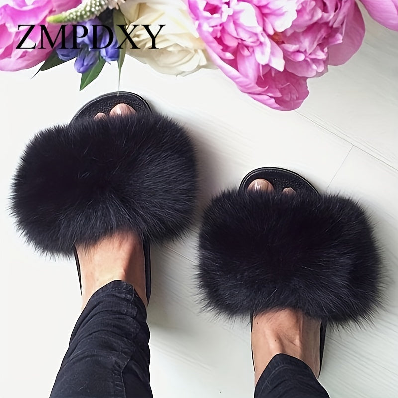 Luxurious Womens Faux Fur Slides - Soft Open Toe Slip-Ons - Ultra-Plush Indoor Slippers for Cozy Lounging - Comfortable Flat Sole - Perfect for Bedroom & Casual Wear