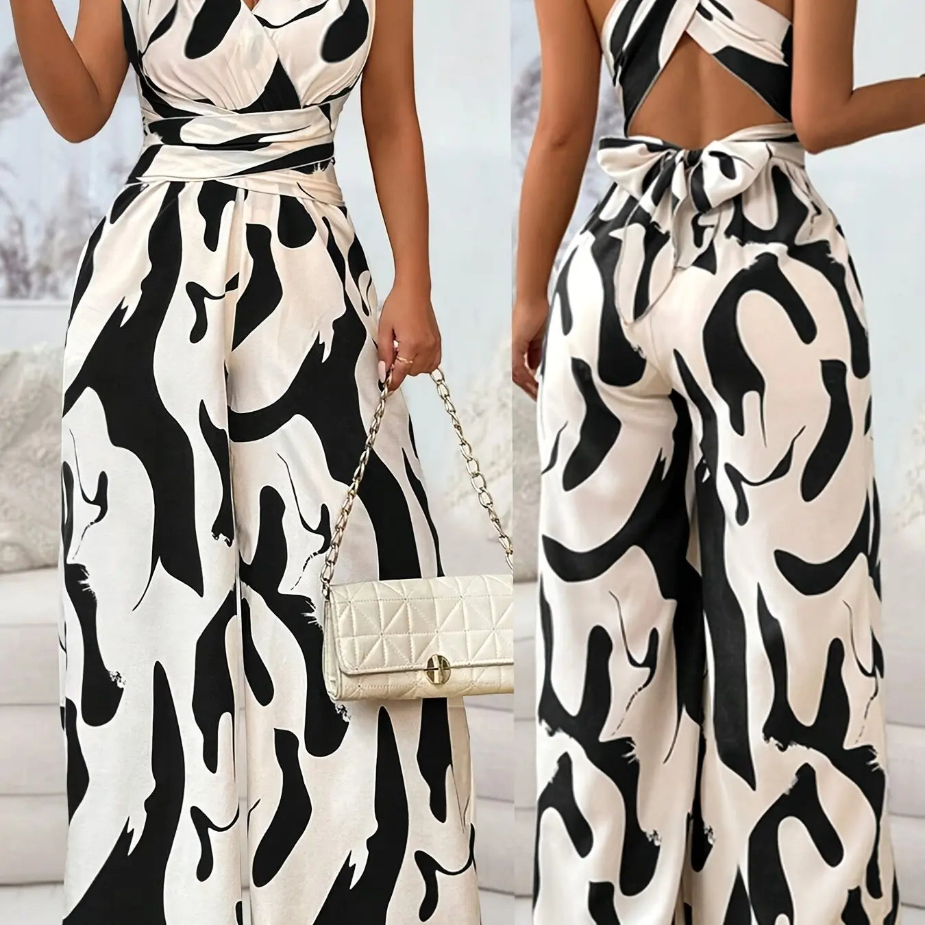 Women's Elegant Backless Jumpsuit with V-Neck & Cross Front Detail - Black & White Abstract Pattern Sleeveless Romper, Machine Washable Spring/Summer Party & Casual Outfit, Ladies Jumpsuit Chic Le'Meek