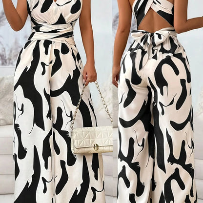 Women's Elegant Backless Jumpsuit with V-Neck & Cross Front Detail - Black & White Abstract Pattern Sleeveless Romper, Machine Washable Spring/Summer Party & Casual Outfit, Ladies Jumpsuit Chic Le'Meek