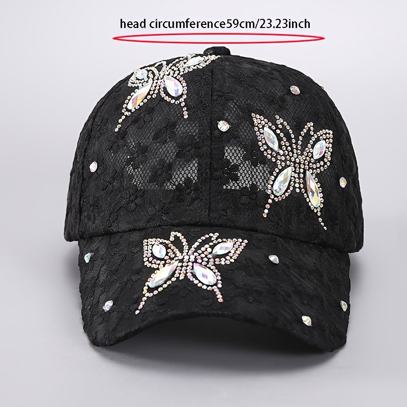 Adjustable Rhinestone Embellished Baseball Cap - Breathable, Knitted, Toggle Closure, Elegant Design for Women