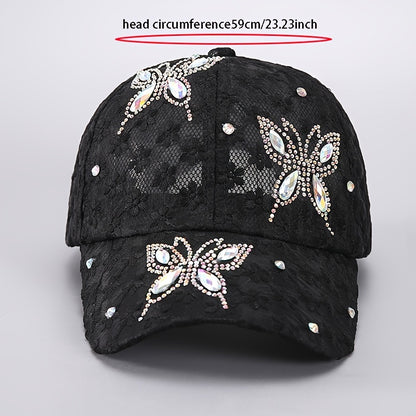 Adjustable Rhinestone Embellished Baseball Cap - Breathable, Knitted, Toggle Closure, Elegant Design for Women