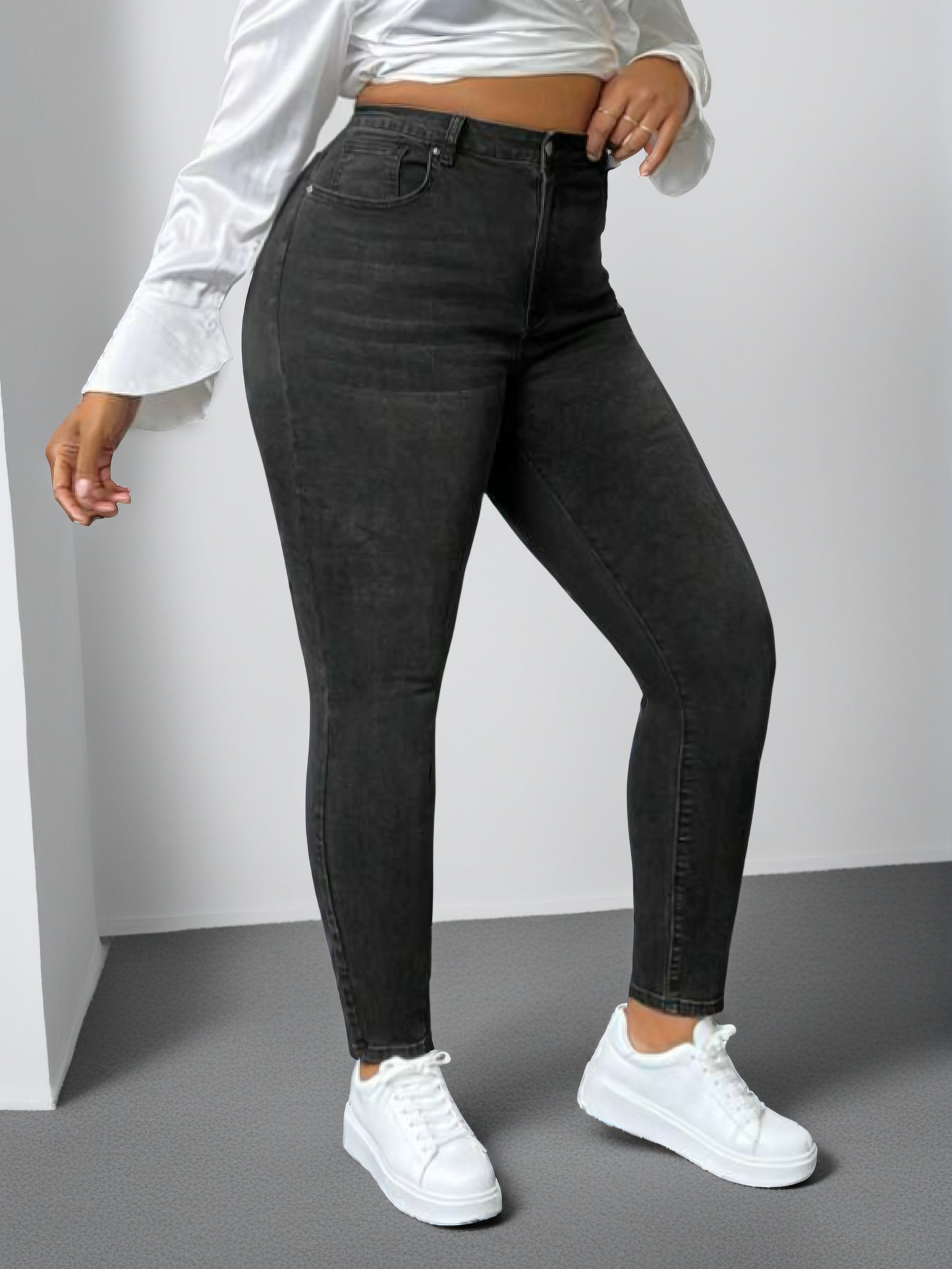 Women's Casual Jeans, Plus Size Solid Color High Rise Whiskering Slash Pocket Skinny Denim Pants