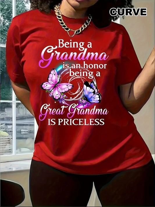 Women's Purple Butterfly & Floral T-Shirt - "When Grandma is Priceless" Heartfelt Quote, Glossy Fabric Casual Short Sleeve Round Neck Top for Spring Summer, Machine Washable Gift for Grandma, Grandma Mothers Day Gift Chic Le'Meek
