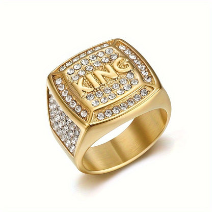 1pc 316L Stainless Steel Hip Hop Punk Style Ring, Luxurious Golden/Silvery King Ring, Inlaid With Rhinestone Ring For Men, Boyfriends Gift Fashion Jewelry